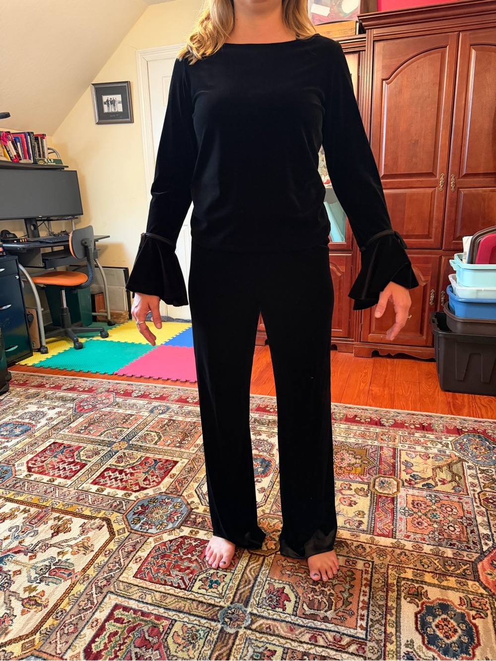 Alex Evenings Black Velvet Wide-Leg Jumpsuit with Bell Sleeves